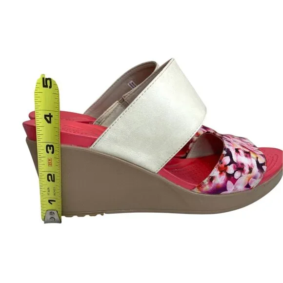 Crocs Wedge Sandals Slip On Shoes Double Strap Pink White Flower Floral Size 10 - Picture 6 of 7